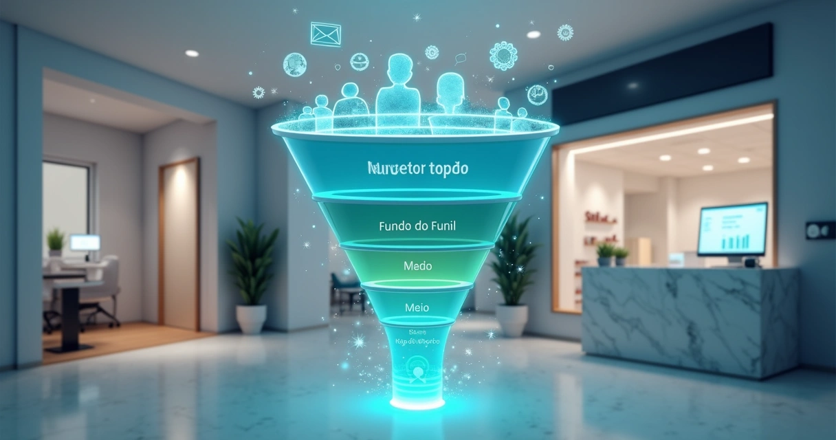 Funil de vendas digital com consultório e pequeno negócio local em destaque 