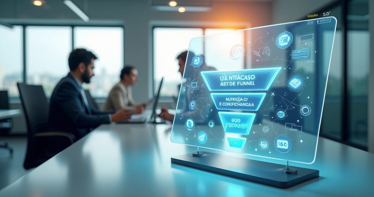 Diagrama detalhado de funil de vendas contábil mostrando etapas de atração, nutrição e fechamento em ambiente de escritório moderno 