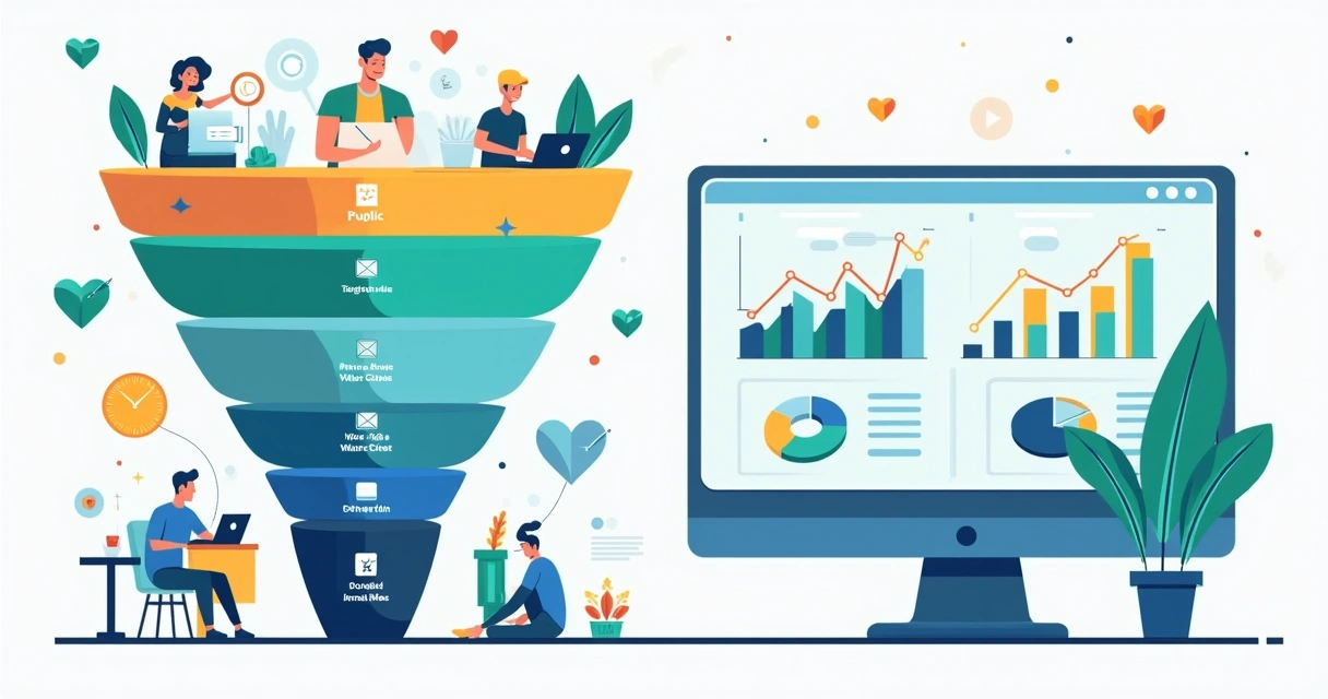 Ilustração de funil de vendas para contabilidade com etapas e ícones representando cada fase 