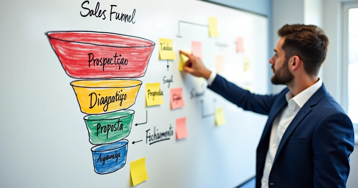 Diagrama de funil de vendas desenhado à mão, mostrando etapas do processo de vendas em escritório de contabilidade