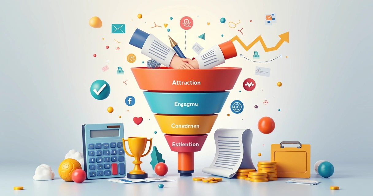 Funil de vendas representado em várias cores, com etapas separadas e elementos visuais de contabilidade 