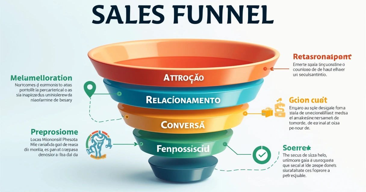 Infográfico mostrando funil de vendas digital com etapas e exemplos de textos 