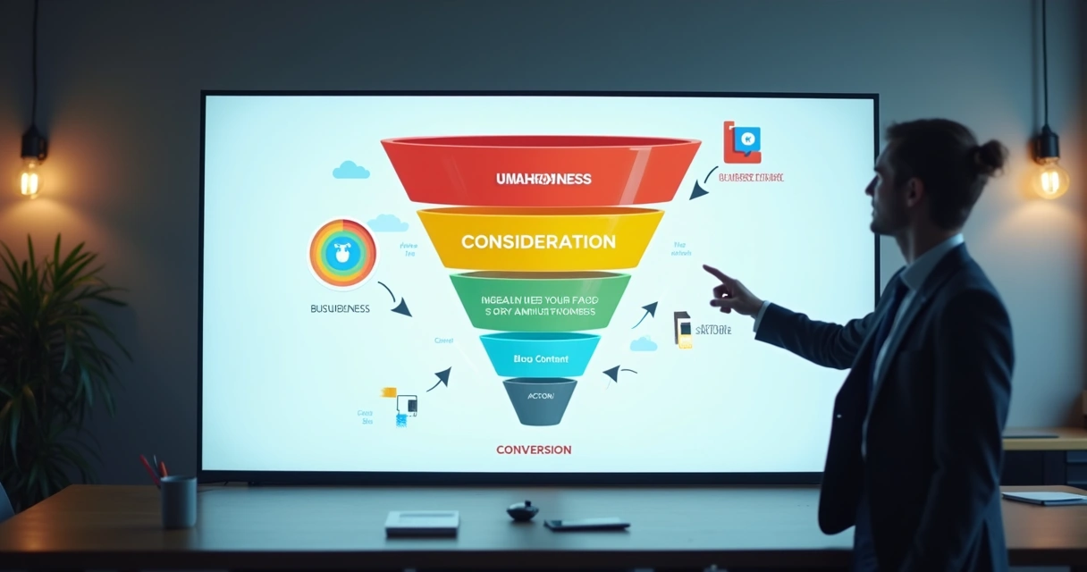 Funil de vendas digital integrando conteúdo em diversas etapas até conversão 