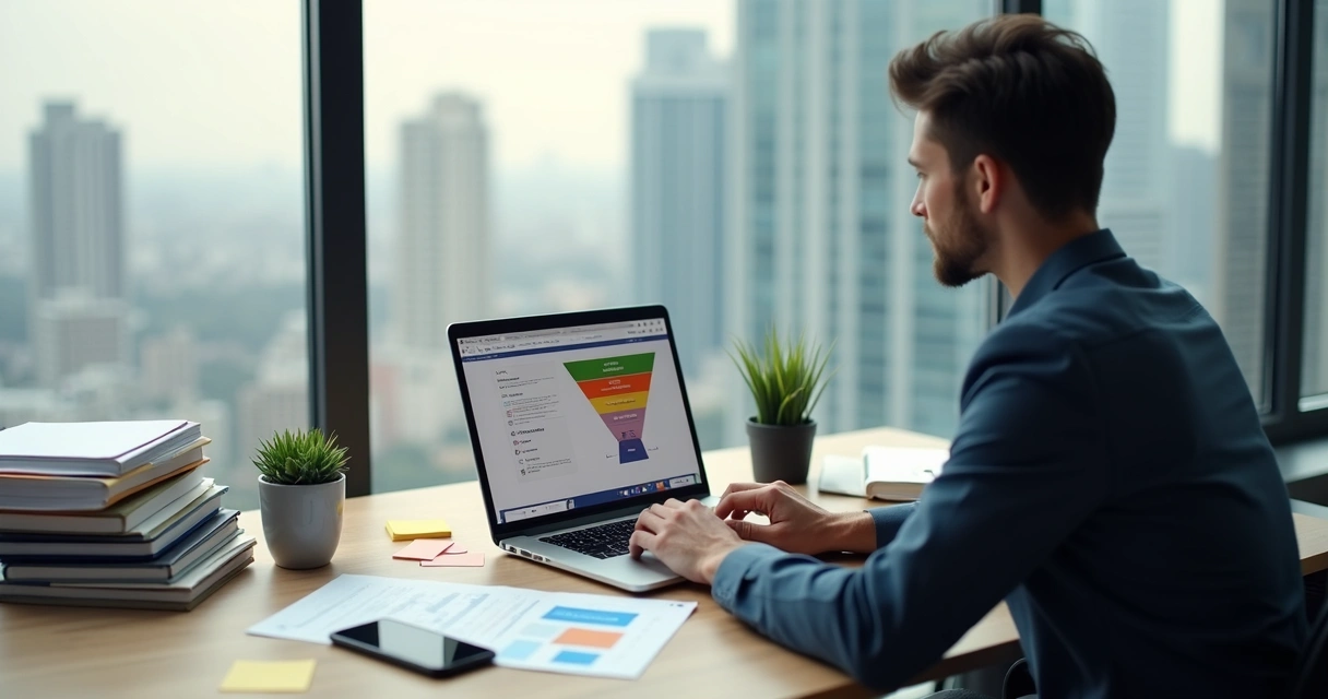 Corretor analisando funil de vendas imobiliário 