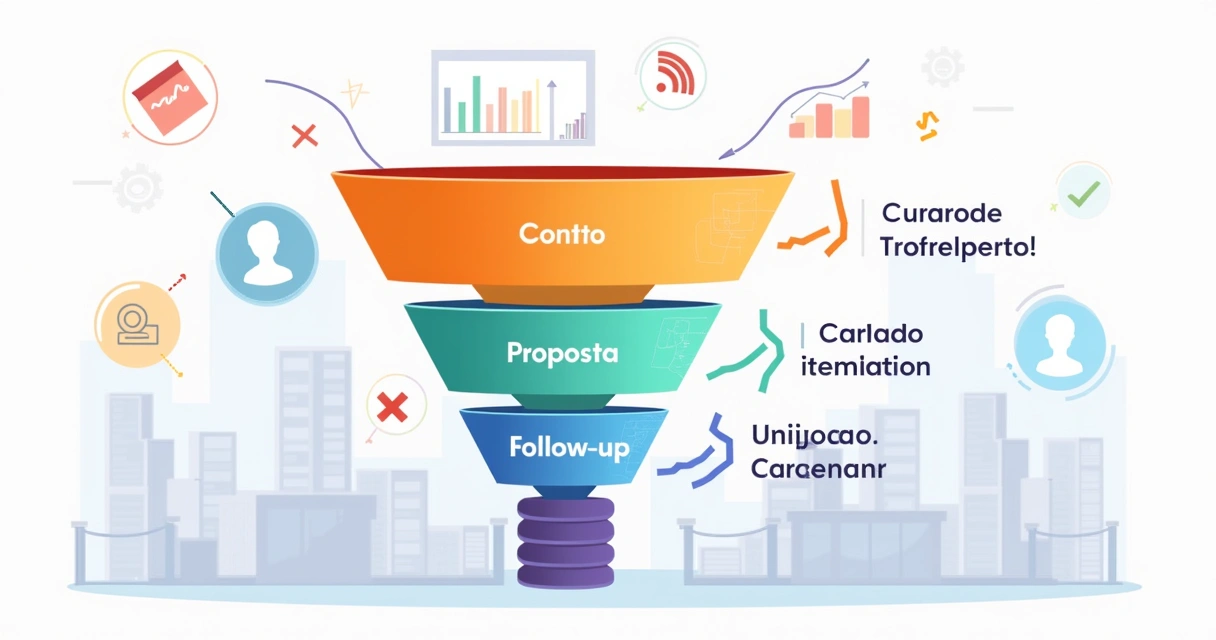 Diagrama colorido mostrando funil de vendas no CRM, com etapas de contato, proposta, follow-up, fechamento. 