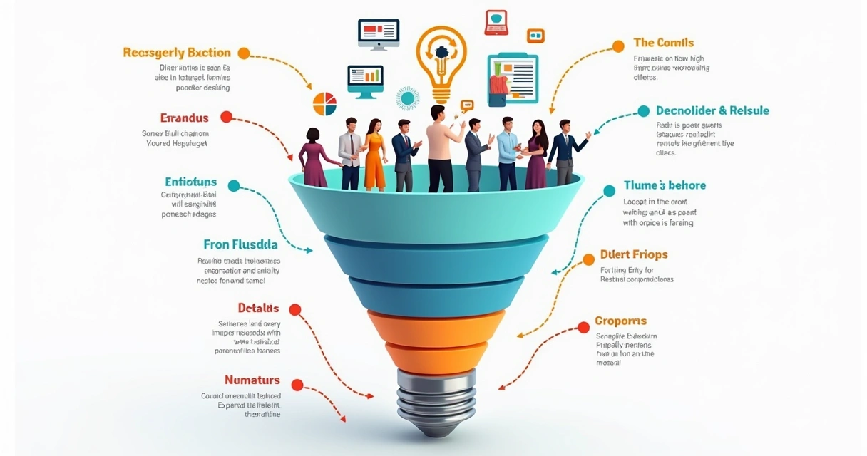 Representação visual do funil de vendas digital, com etapas bem definidas e setas mostrando o movimento entre elas. 