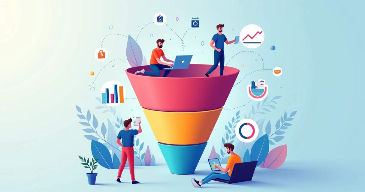 Ilustração do funil de vendas digital com fases e ícones 