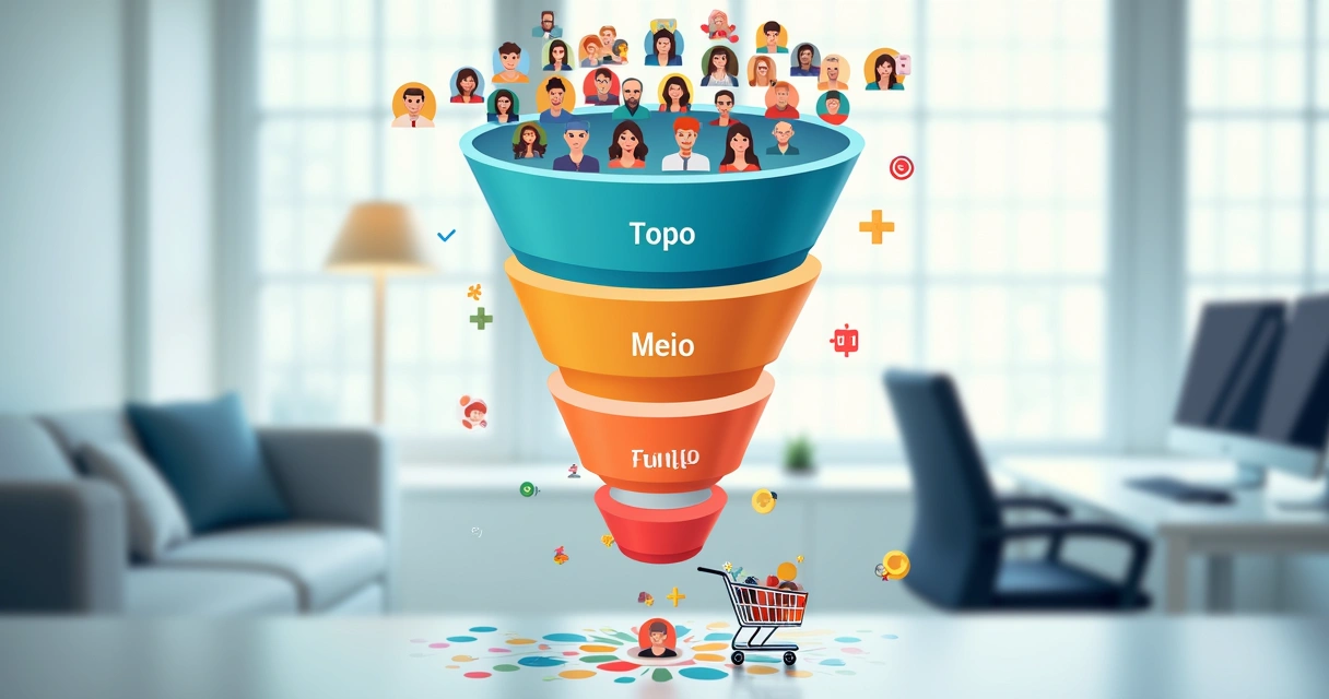 Ilustração de um funil de vendas digital segmentado com etapas em destaque e ícones representando leads 