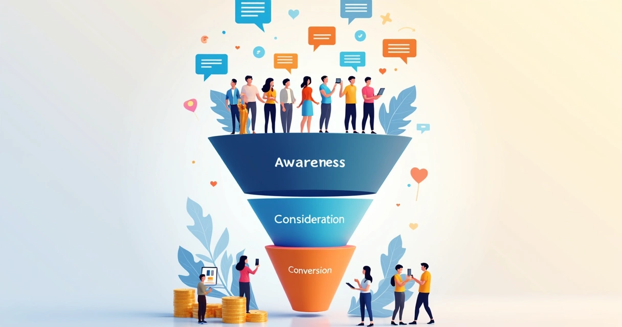 Representação gráfica do funil de vendas digital com etapas destacadas. 