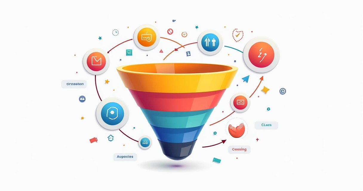 Desenho colorido de funil de vendas com ícones digitais 