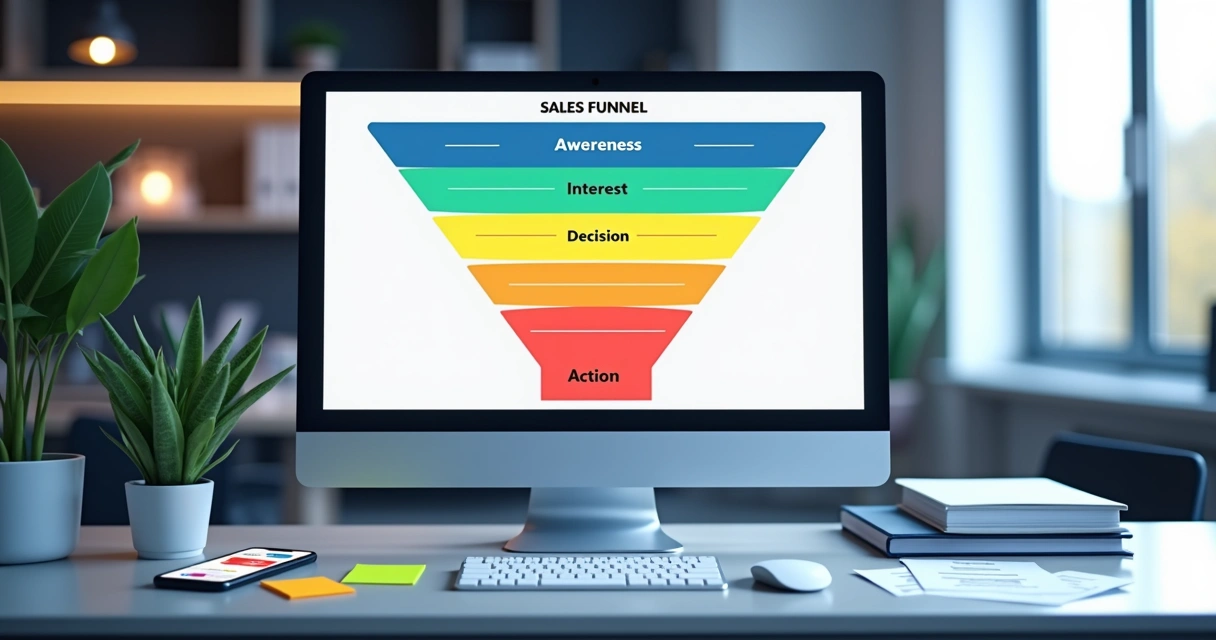 Desenho de funil de vendas digital sobre tela de computador. 