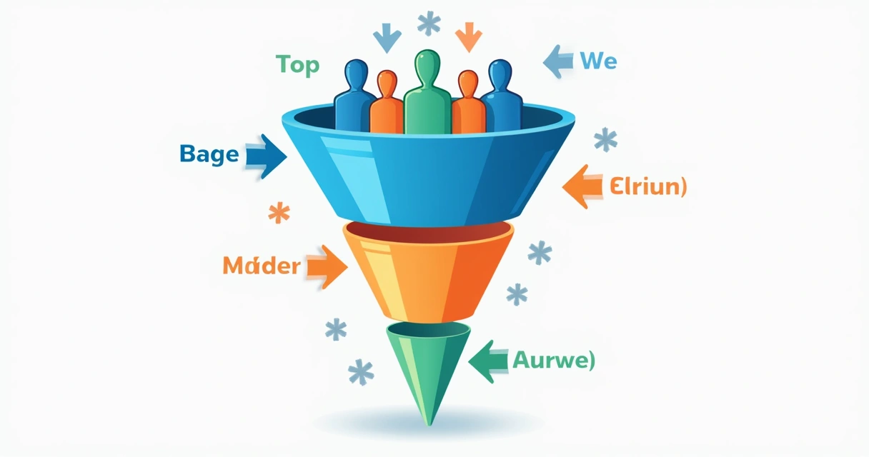 Ilustração mostrando as três etapas do funil de vendas digital: topo, meio e fundo, separadas por cores sutis, com setas indicando o fluxo de público. 