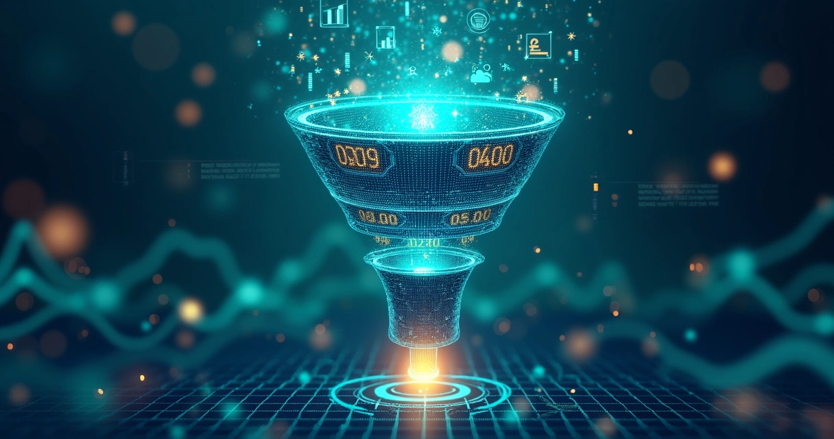 Funil digital de vendas B2B com dados entrando no topo e clientes saindo na base 
