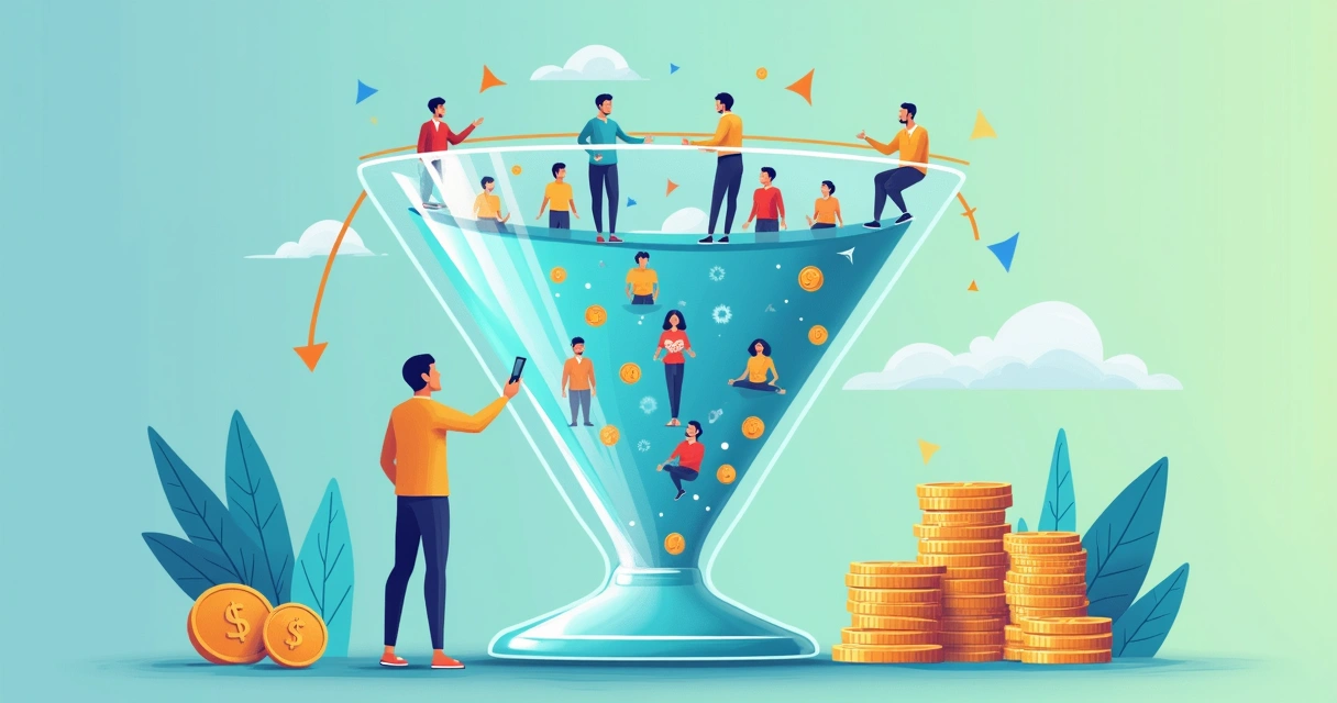 Funil de vendas ilustrado com setas mostrando redução de custos 