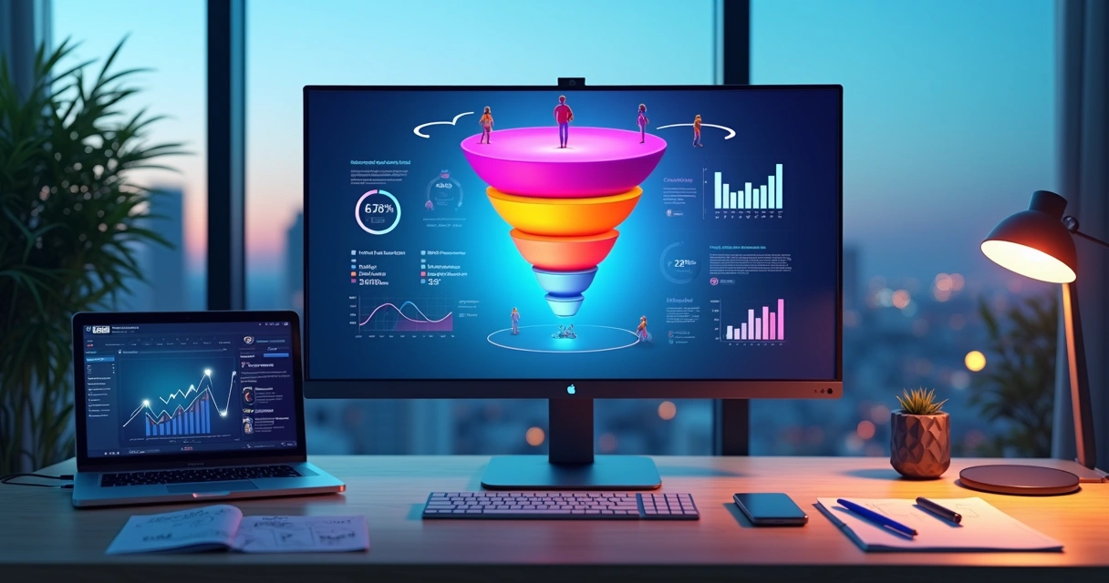 Funil de vendas digital com etapas do cliente em tela de computador 