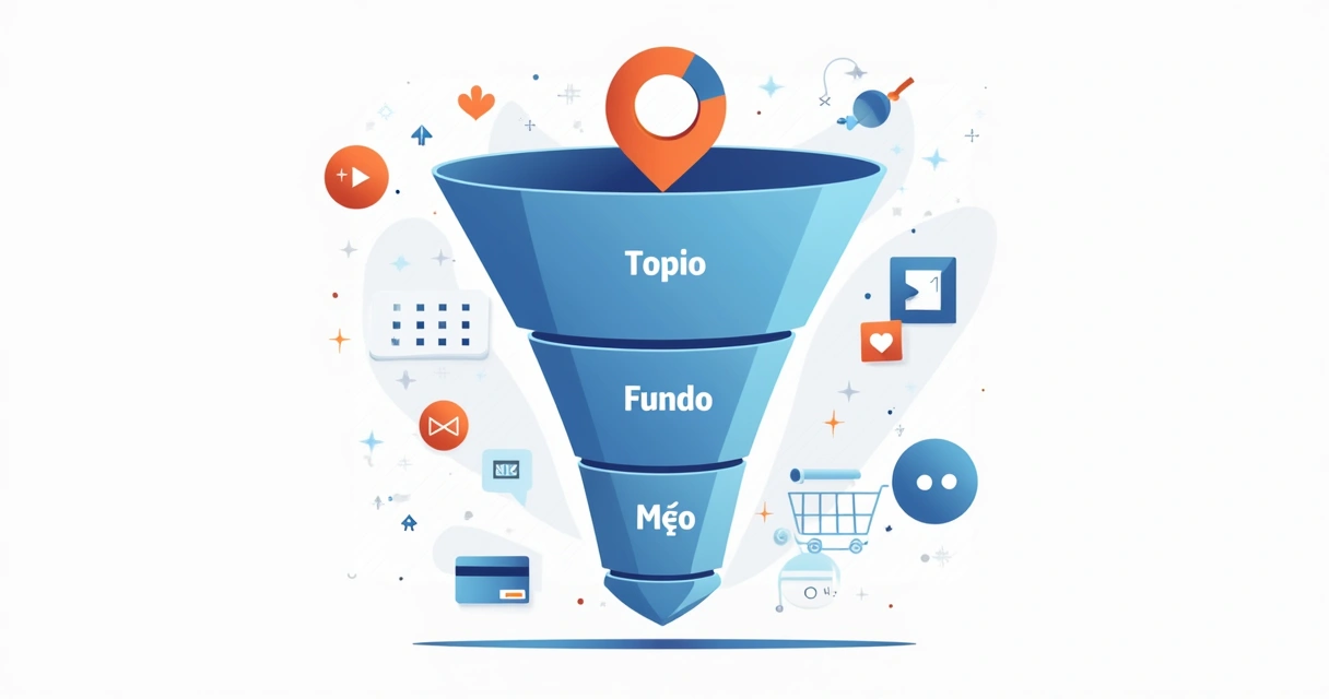 Ilustração de etapas do funil de vendas digital com ícones representando aquisição, conversão e retenção