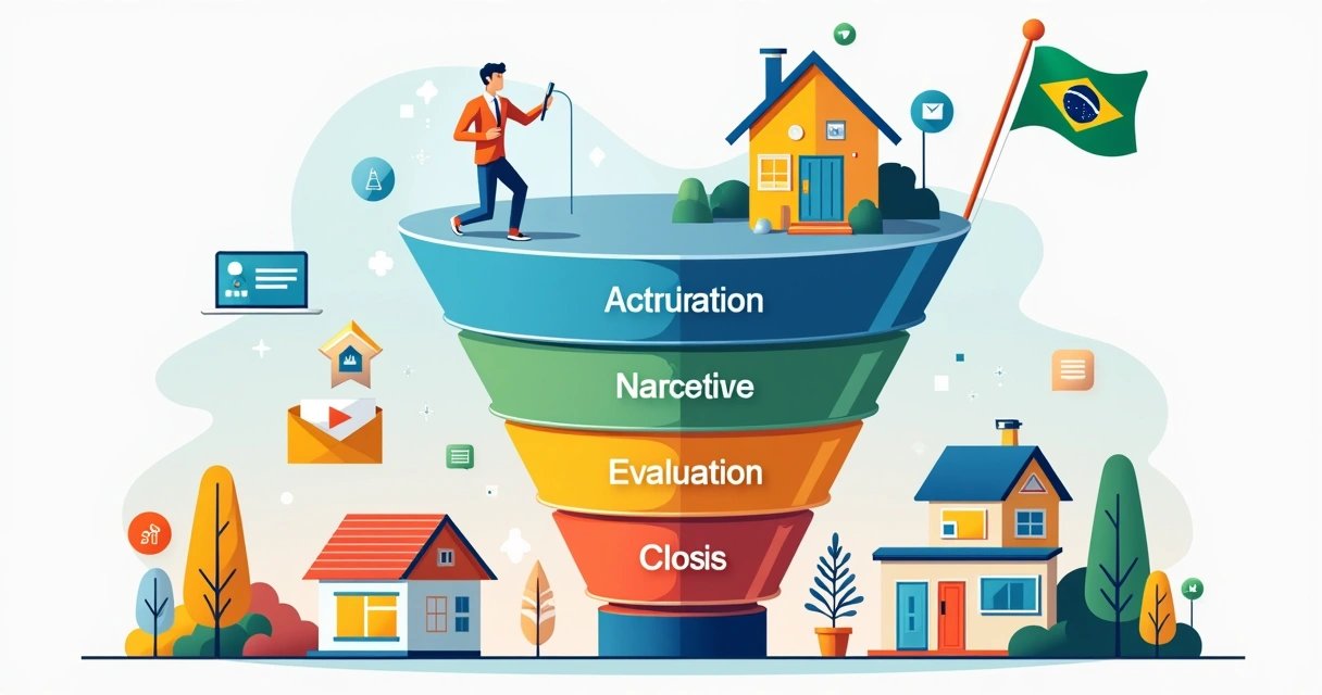 Ilustração digital do funil de vendas imobiliário 2026 