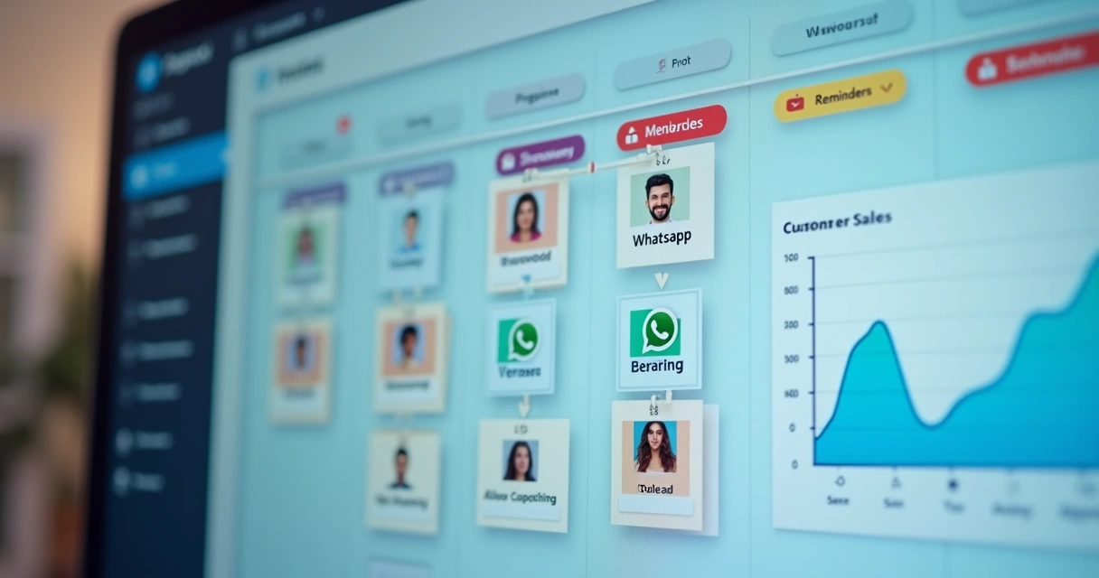 Painel funil de vendas digital em tela com etapas separadas e cards de clientes