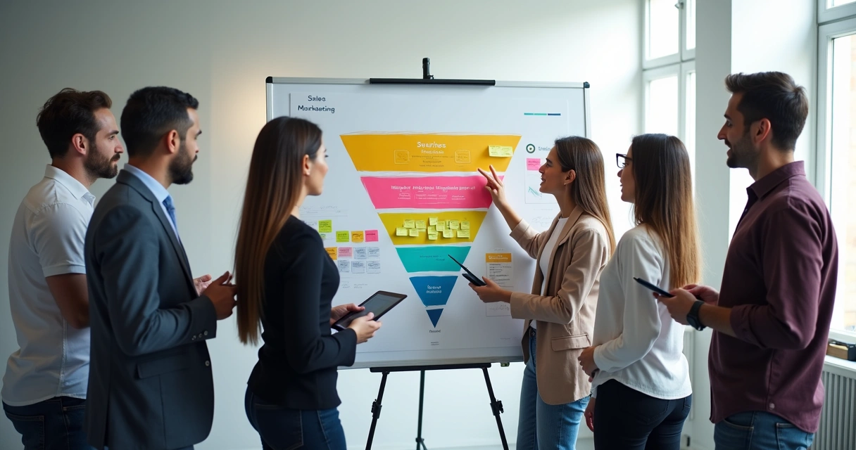 Equipe comercial e de marketing analisando juntos um quadro de funil de vendas