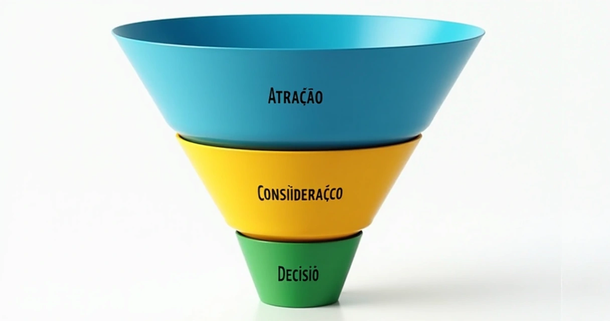 Três estágios do funil de vendas com etapas coloridas 