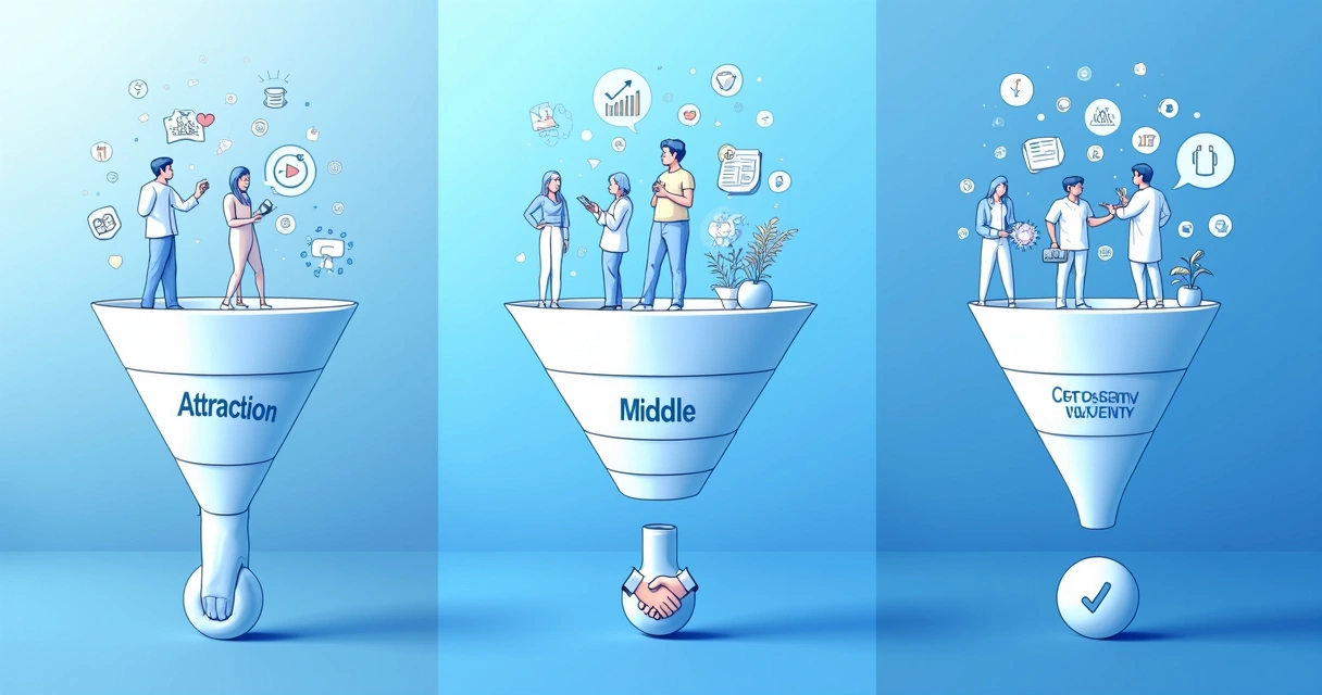 Representação visual das etapas topo, meio e fundo do funil de vendas 