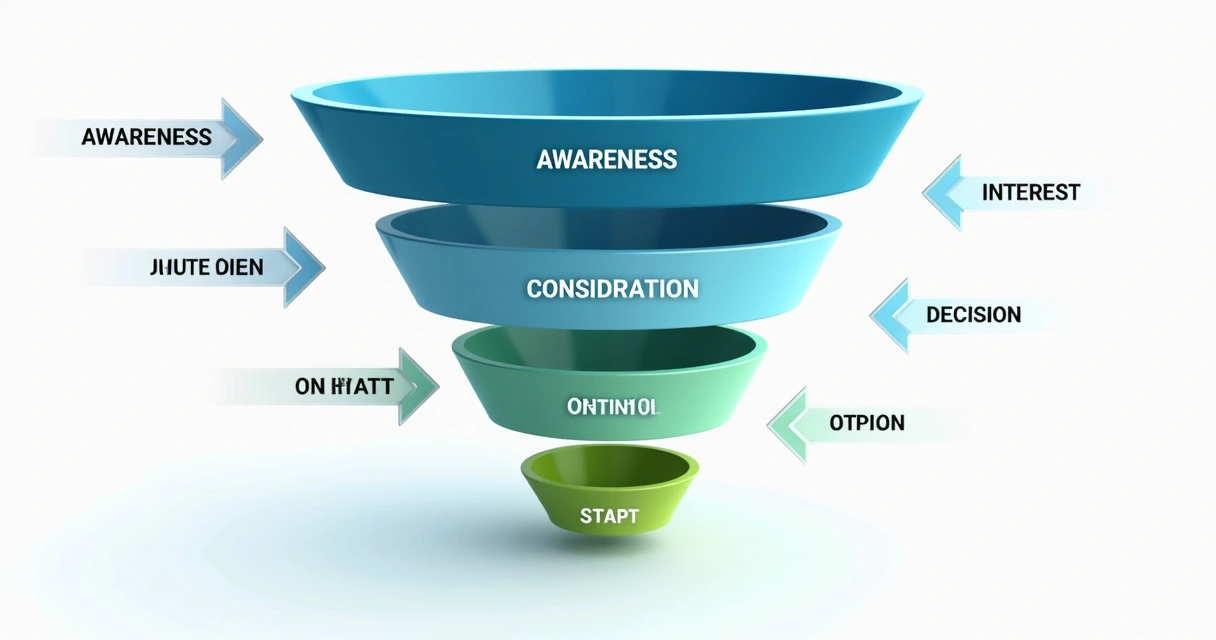 Representação visual do funil de vendas com etapas detalhadas e setas indicando o fluxo 
