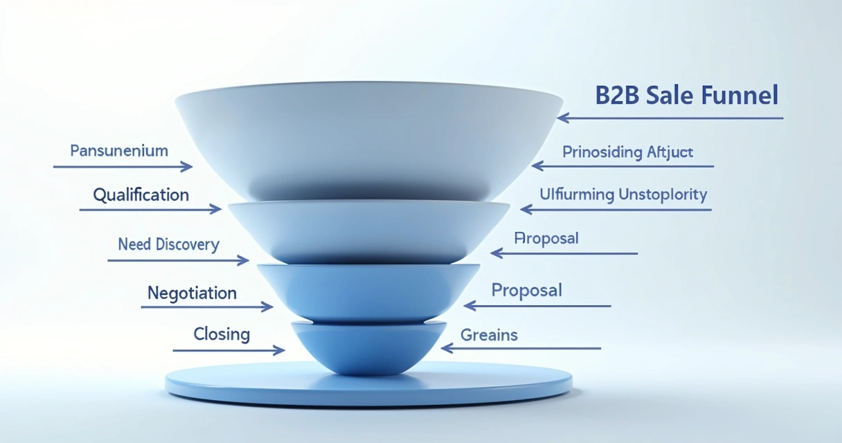 Diagrama de funil de vendas B2B com etapas claras e setas indicando o fluxo de leads 