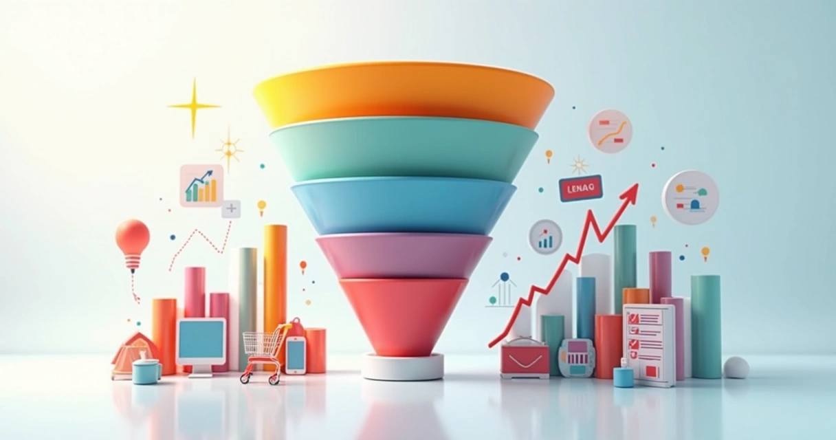 Ilustração detalhada de funil de vendas em etapas coloridas com ícones de negócios e gráficos de crescimento 