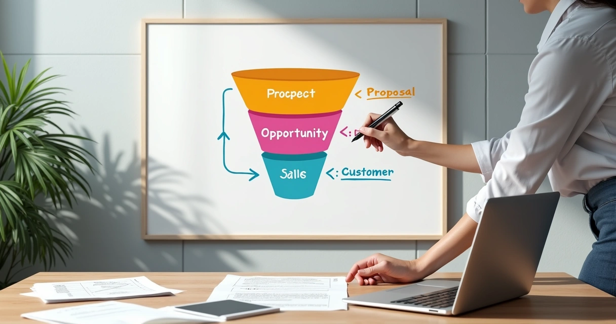 Exemplo visual de um funil de vendas simples com etapas coloridas 