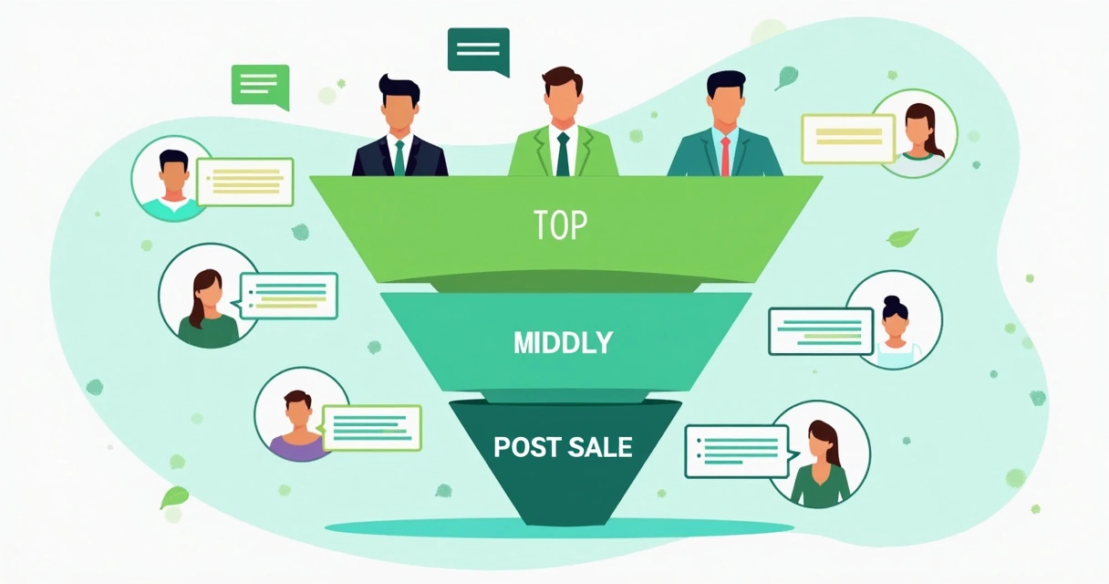 Ilustração de funil de vendas com frases em cada etapa 