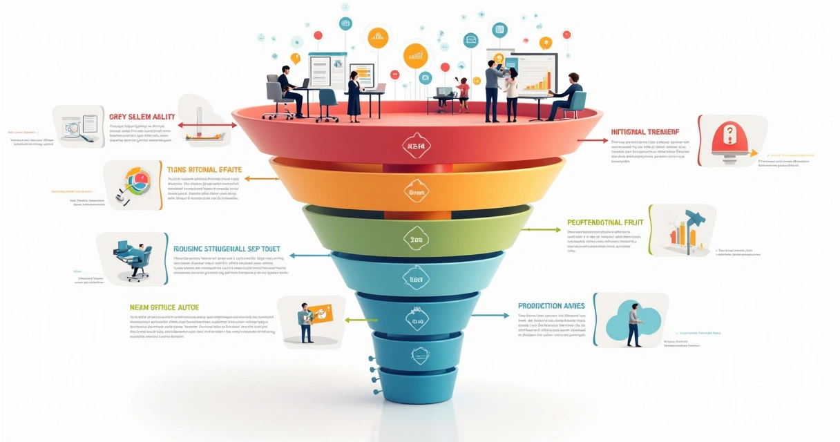 Diagrama colorido mostrando um funil de vendas B2B detalhado, com ícones de leads, automação, equipe e gráficos 