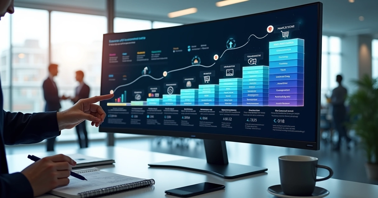 Ilustração de funil de vendas horizontal com jornada do cliente em etapas conectadas 