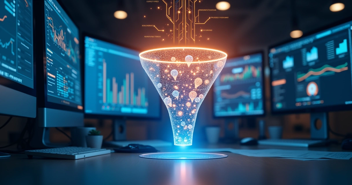 Representação visual de um funil de vendas digital integrado com inteligência artificial 