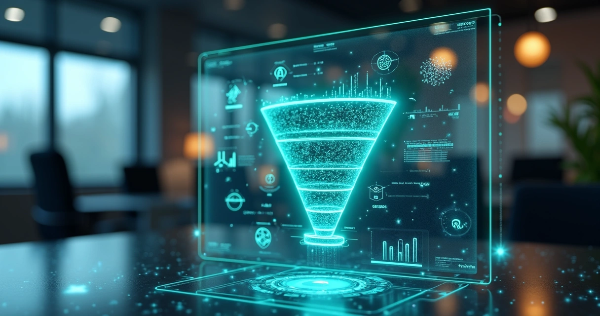 Representação de um funil de vendas digital com elementos de inteligência artificial em interface futurista 