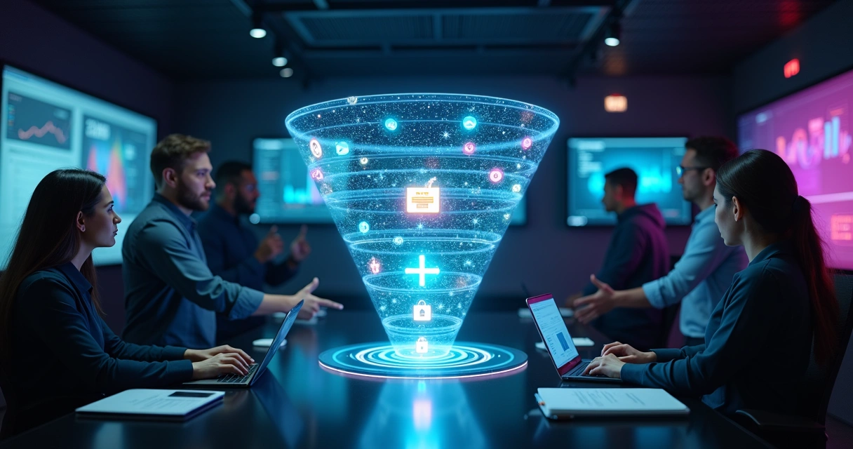 Funil de vendas digital com ícones de IA e Meta em painel futurista 