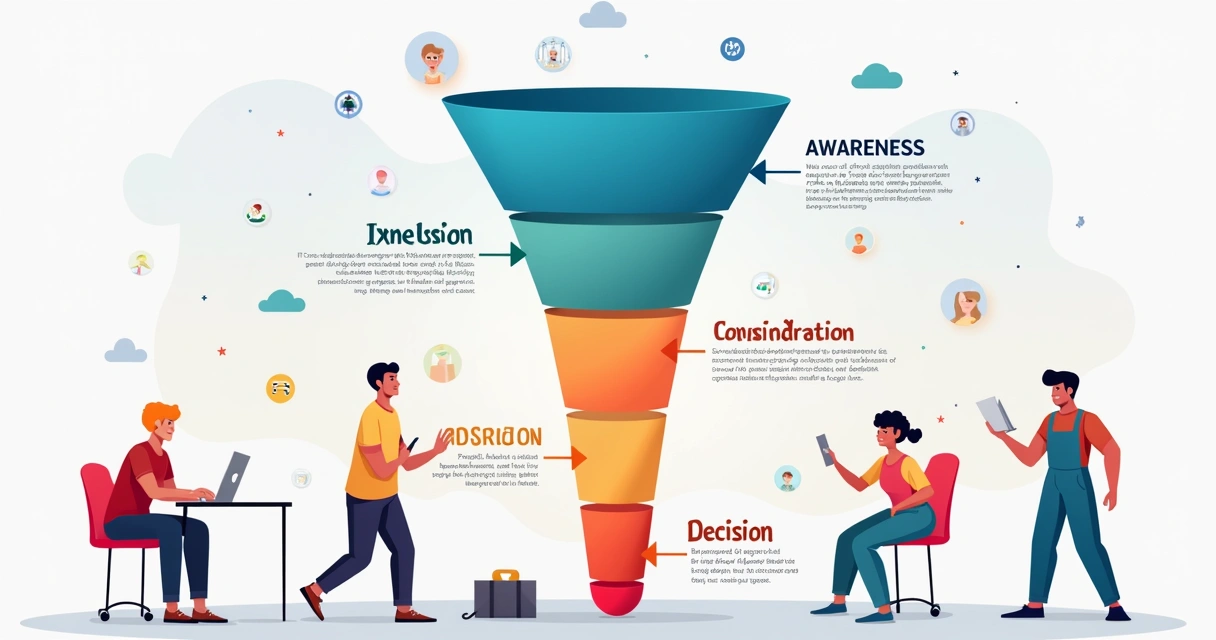 Ilustração de um funil com pessoas avançando por etapas de vendas 