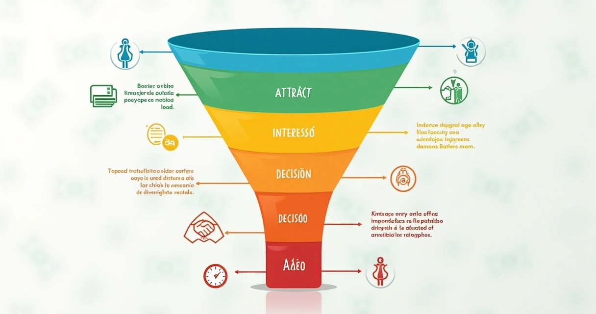 Infográfico de funil de vendas com etapas Atração, Interesse, Decisão, Ação, Pós-venda 