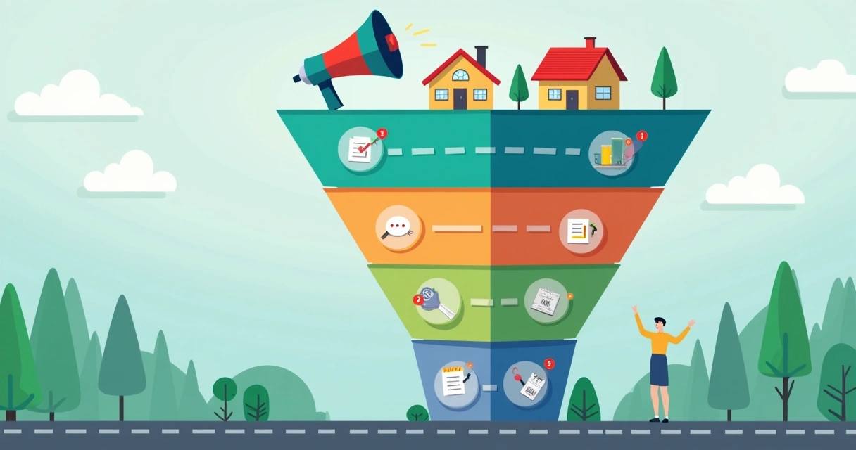 Desenho de funil de vendas imobiliário com etapas e ícones 