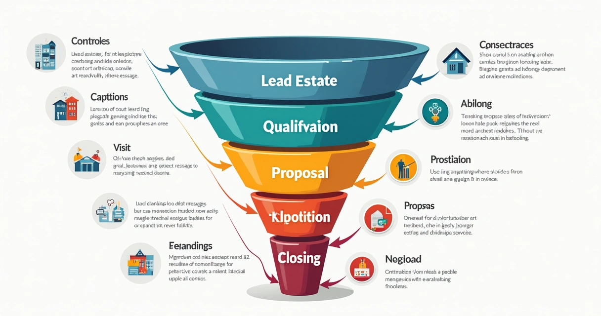 Representação visual de um funil de vendas imobiliário com etapas e fluxos de leads. 