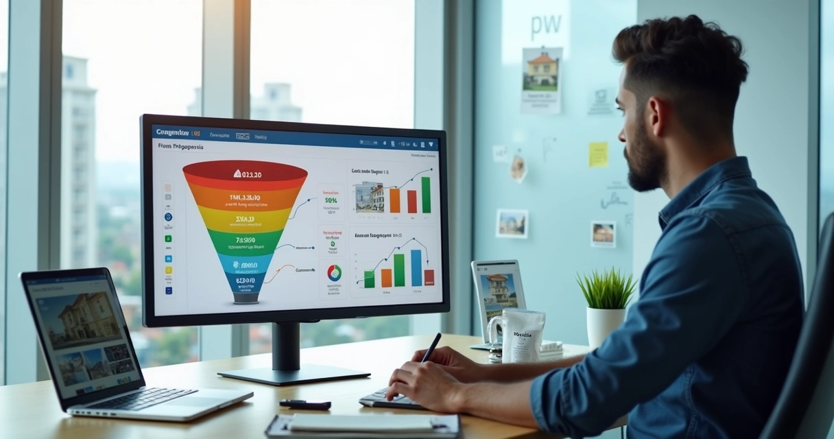 Corretor analisando funil de vendas imobiliário em painel de CRM com etapas do lead ao fechamento 