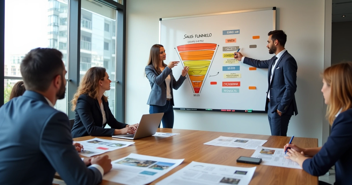 Quadro com funil de vendas imobiliário e post-its coloridos em reunião de planejamento 