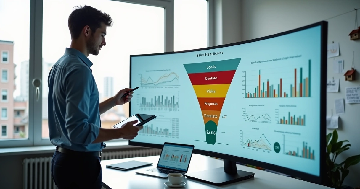 Corretor analisa gargalos em funil de vendas imobiliário em tela com gráficos 