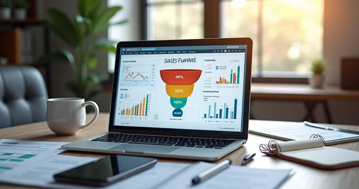 Mesa de escritório com laptop exibindo funil de vendas imobiliário digital, gráficos analíticos e planilhas, ambiente moderno e iluminado 