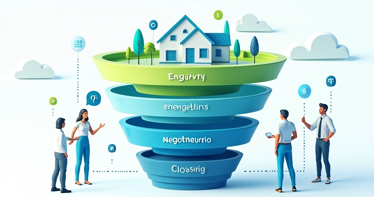 Funil de vendas imobiliário digital com etapas destacadas