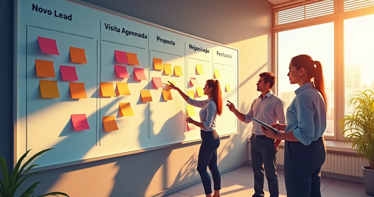 Quadro Kanban de vendas imobiliárias em um CRM 