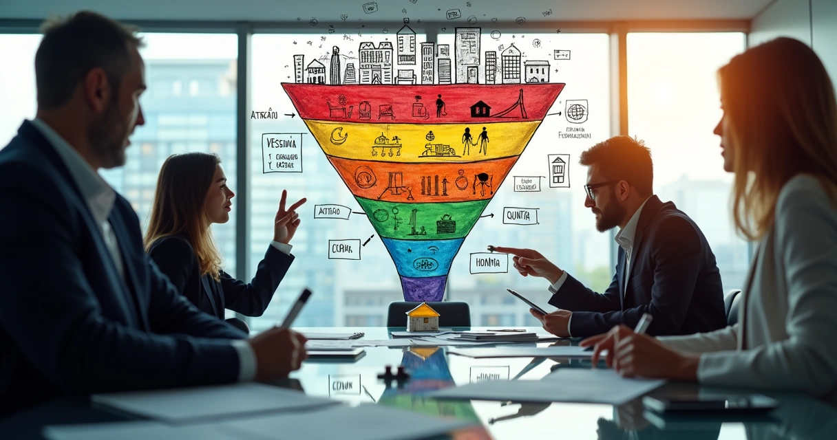 Representação do funil de vendas imobiliário desenhado em parede de vidro com ícones de imóveis e contatos de leads 