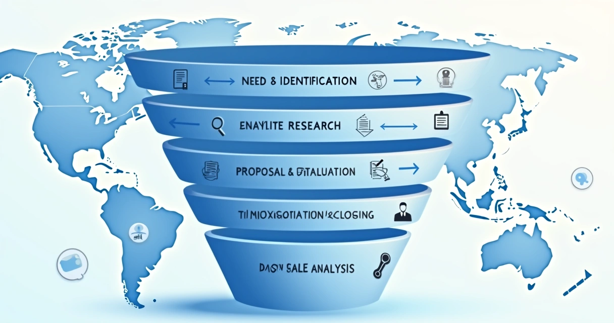 Ilustração de funil de vendas B2B com etapas destacadas 