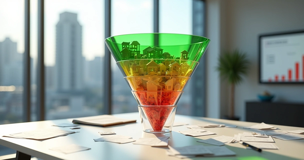 Funil de vendas imobiliário com gargalo e clientes acumulados em uma etapa 