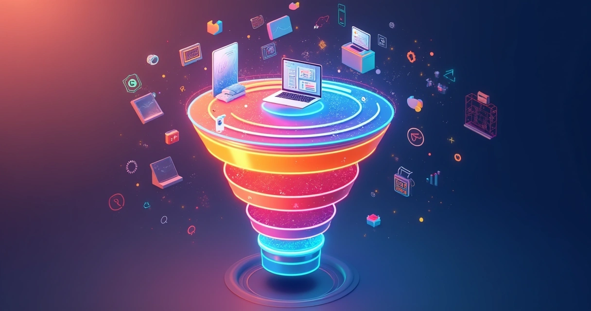 Representação moderna e colorida de um funil de vendas digital 