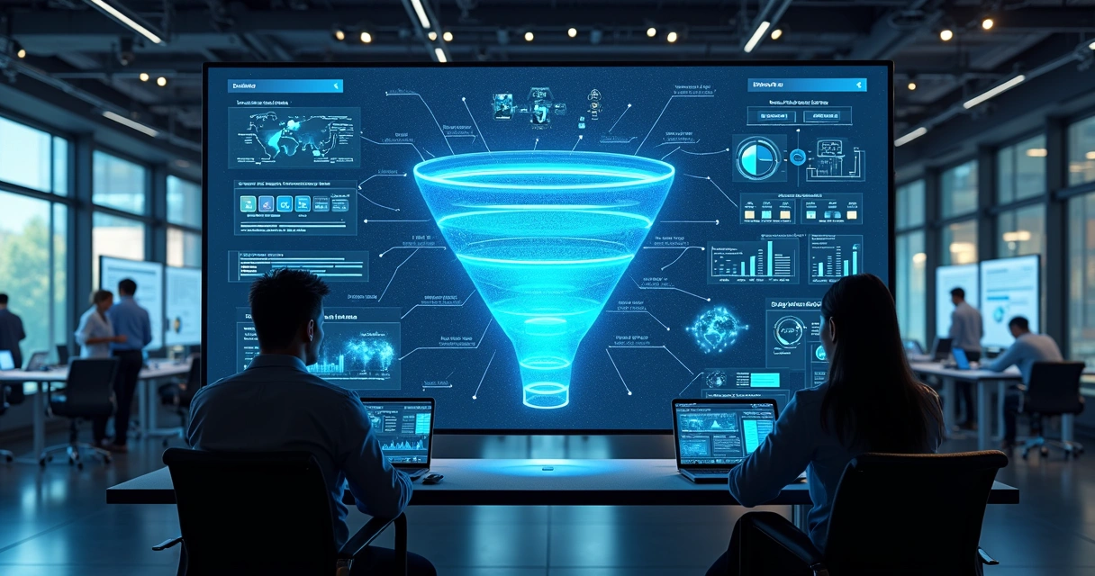 Fluxo visual de funil de vendas digital com análise de dados e equipe avaliando oportunidades